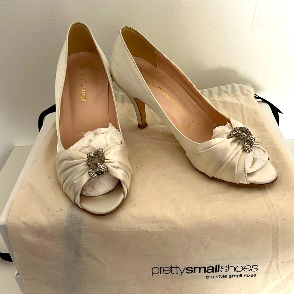 Classic Cream White Satine high heels from Pretty Small shoes ( London)